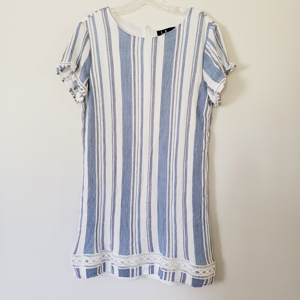 Lulu's Shift Dress Short Sleeve Rayon Blue White Vertical Stripes Mini Dress L